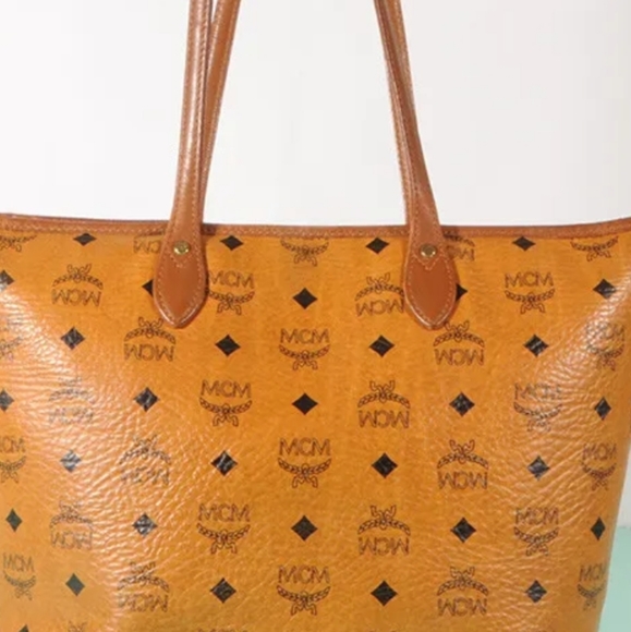 MCM Authentic Visetos  Shopper Tote Bag Yellow Gold Cognac Brown Blue Striped - Picture 2 of 16